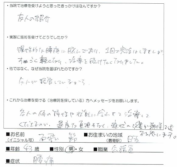 石飛　節さん【腰痛】各人の体の特性や状態に合わせて治療してくださる