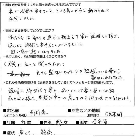 H.Sさん【肩こり、頭痛】安心して施術を受けることができました。